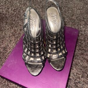 Fergie Black Strappy Peep-Toe Heels